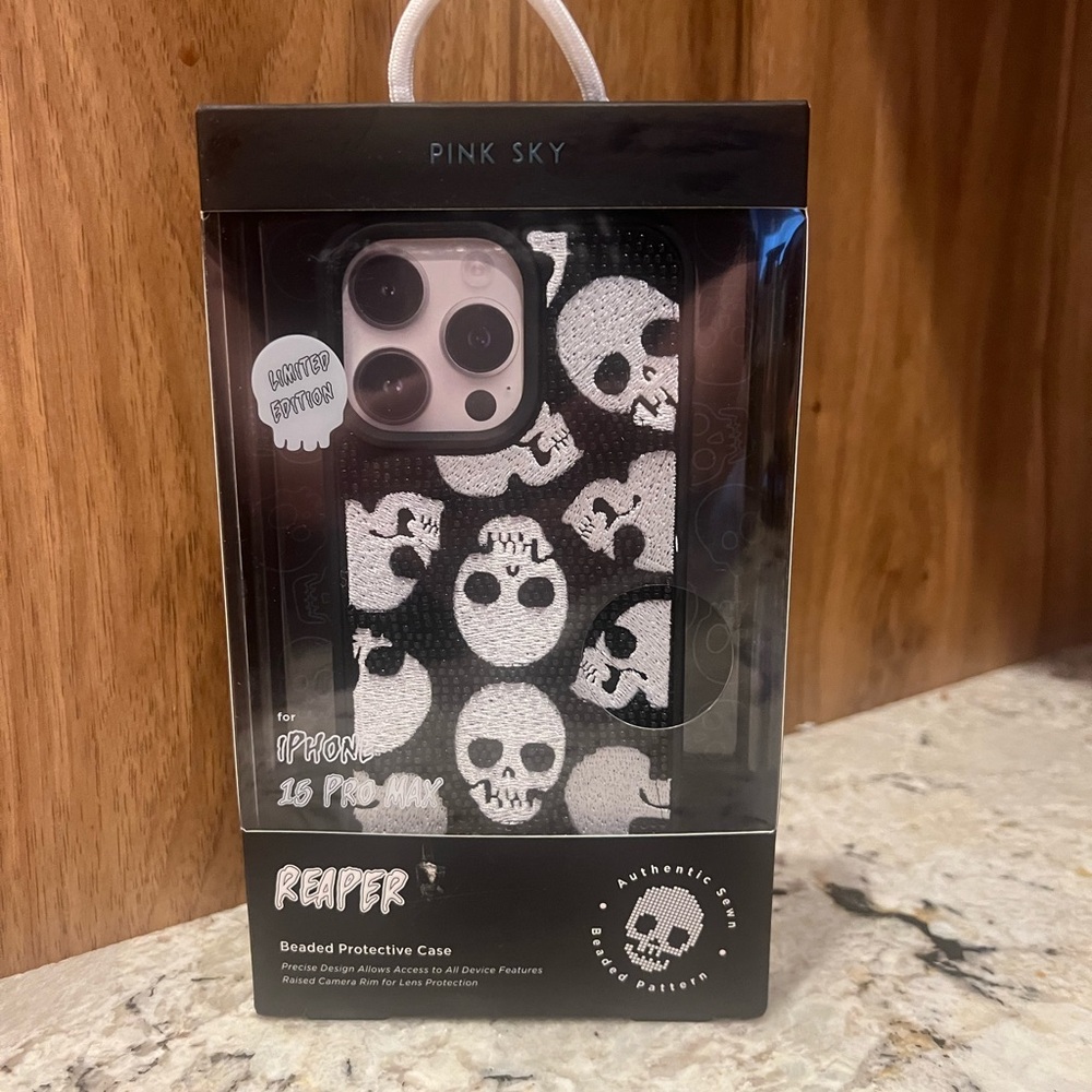 Pink Sky Reaper Skull Case for iPhone 15 Pro Max - Black and White
